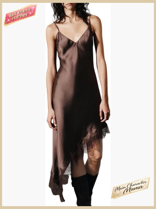 Dresses & Skirts - Asymmetrical Lace Satin Slip Dress Y2k Spaghetti Strap Party Cocktail